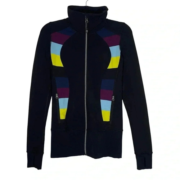 Lululemon Nice Asana Long Sleeve Jacket in Black / Pow  Stripe Split Pea Size 4 - Picture 7 of 13